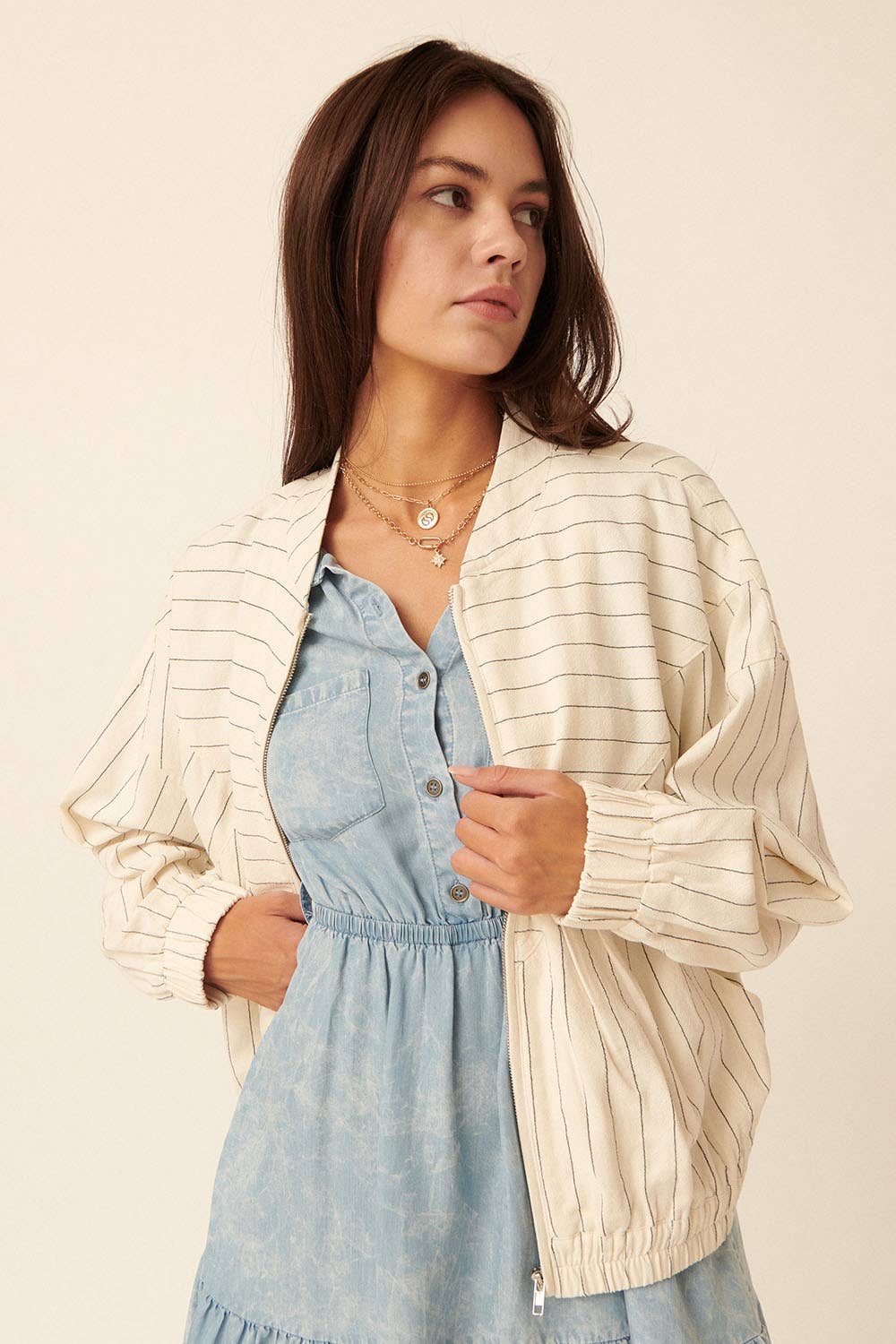 Contrast Pinstripe Zip Up Pocket Bomber Jacket