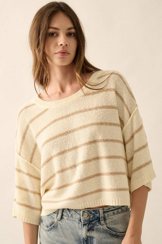 Striped Knit Boat Neck 3/4 Sleeve Loose Sweater