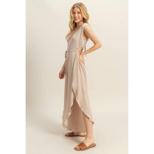 V-Neck Side Cutout Curved Hem Jumpsuit