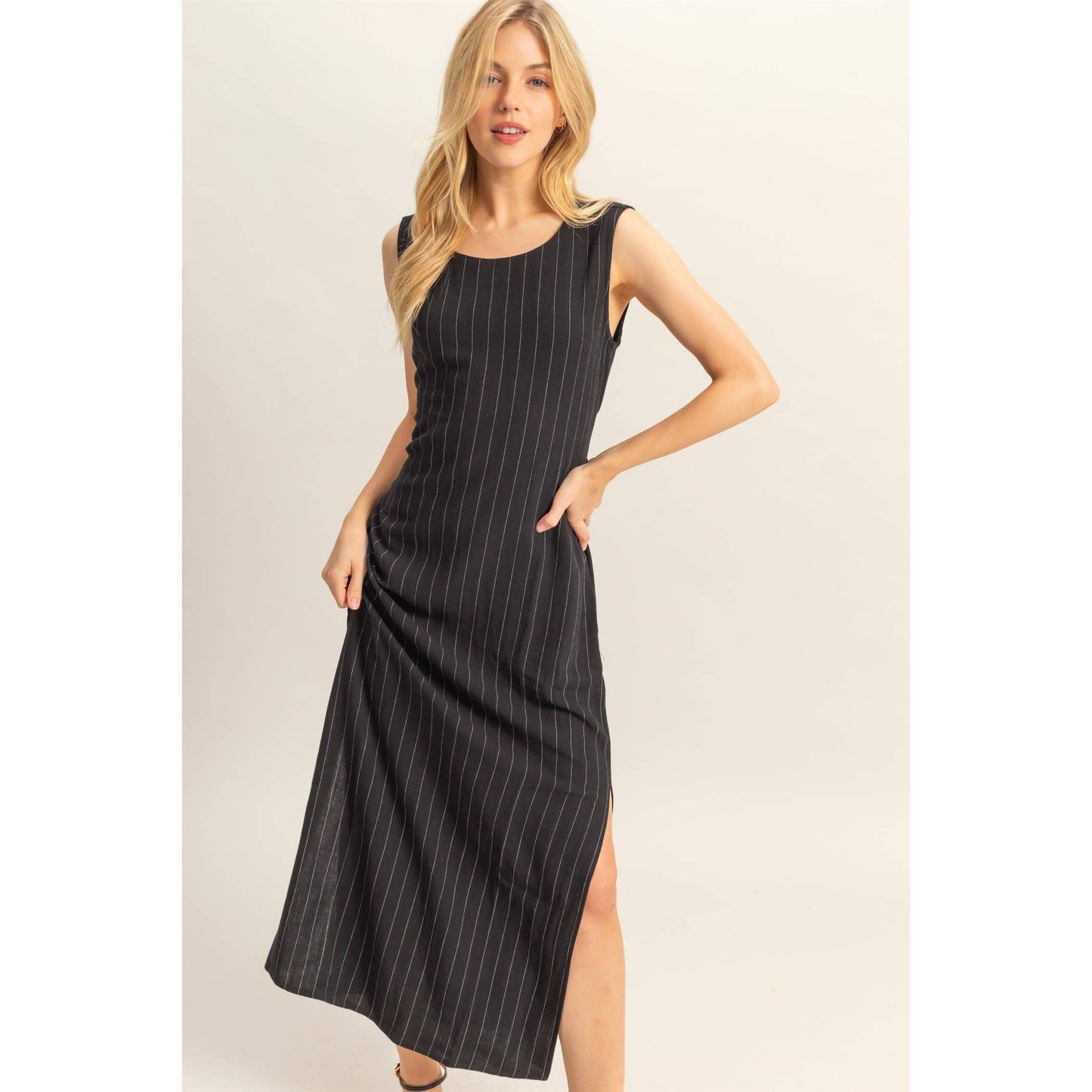 Striped Rayon Linen Side Slit Maxi Dress
