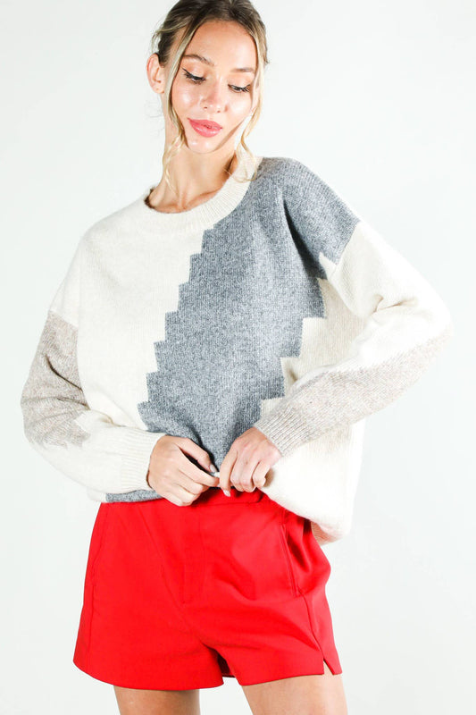 Neutral Color Block Knit Sweater