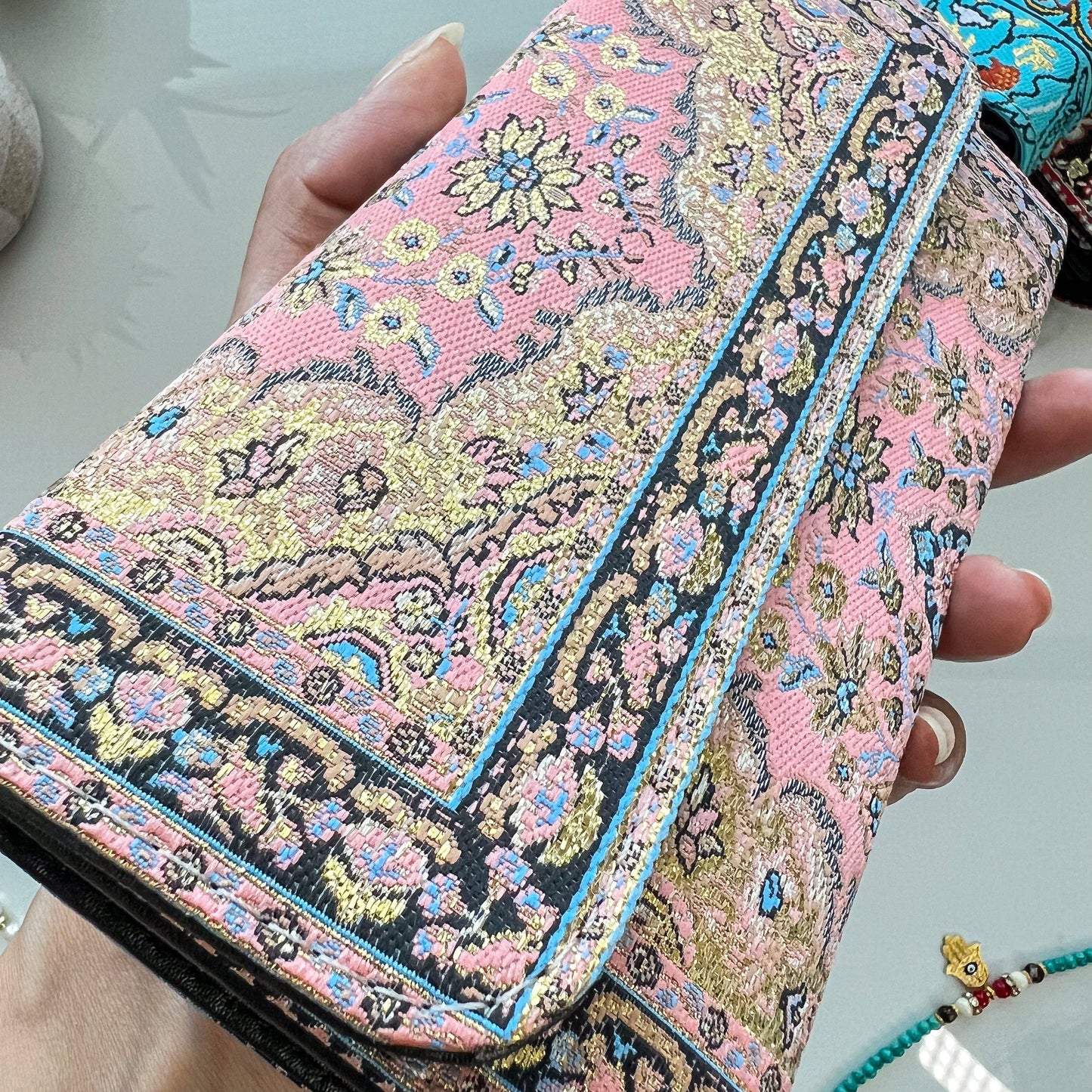 Pink Boho Trifold Wallet for Women, Handcrafted Boutique Des