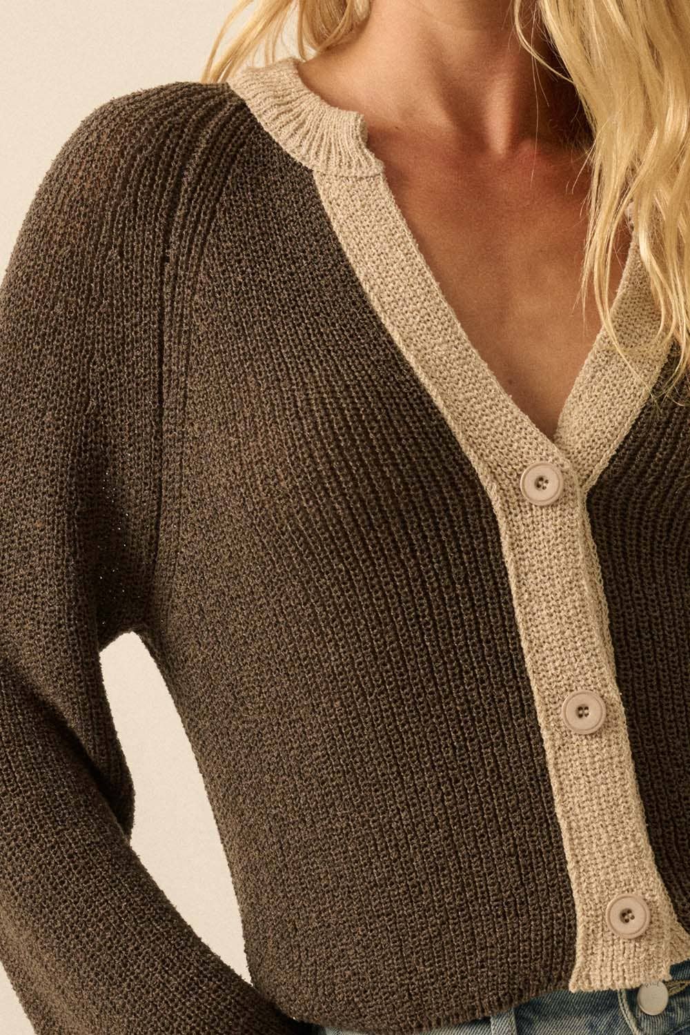 Ribbed Knit Contrast Cardigan Sweater