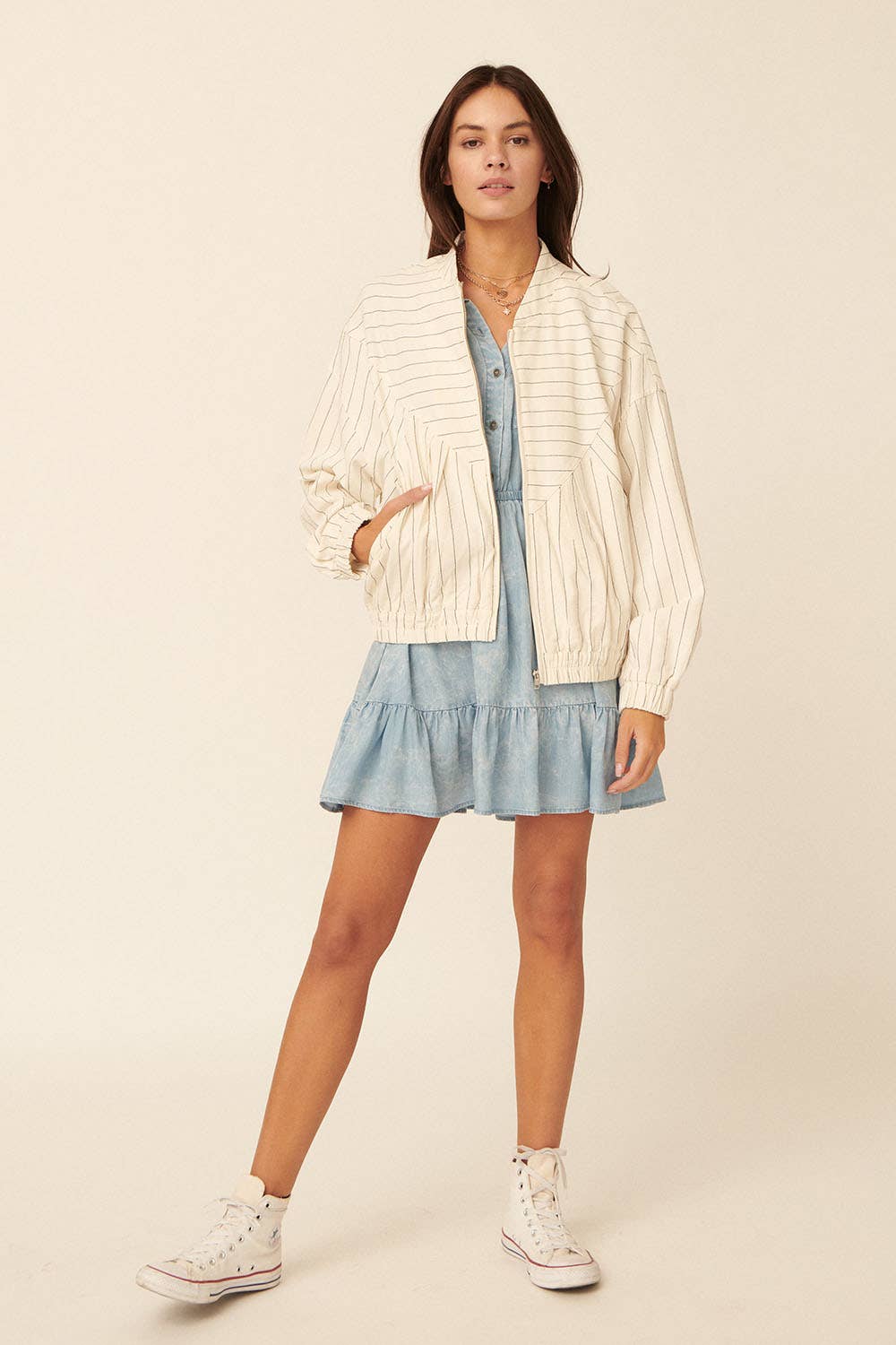 Contrast Pinstripe Zip Up Pocket Bomber Jacket