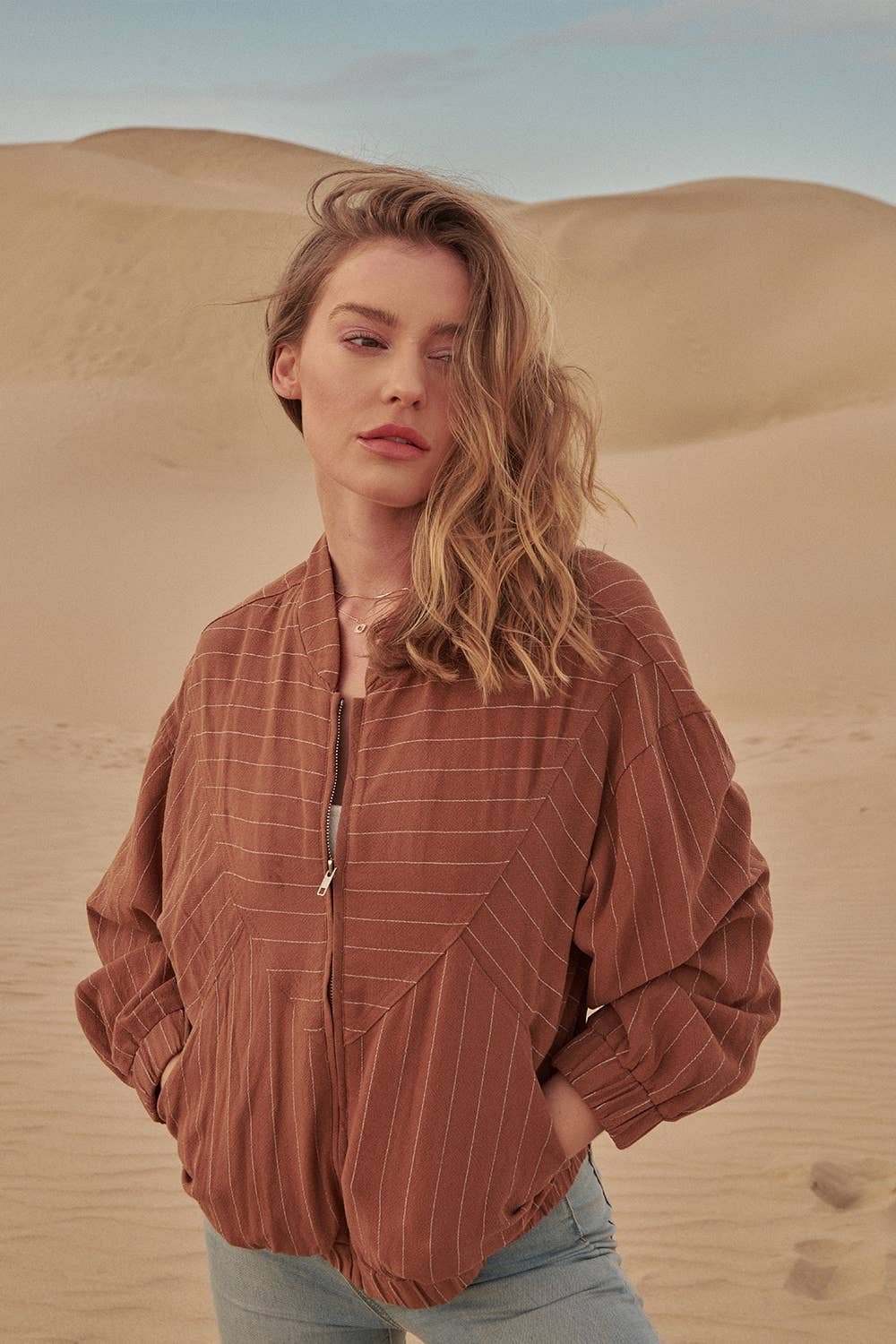 Contrast Pinstripe Zip Up Pocket Bomber Jacket