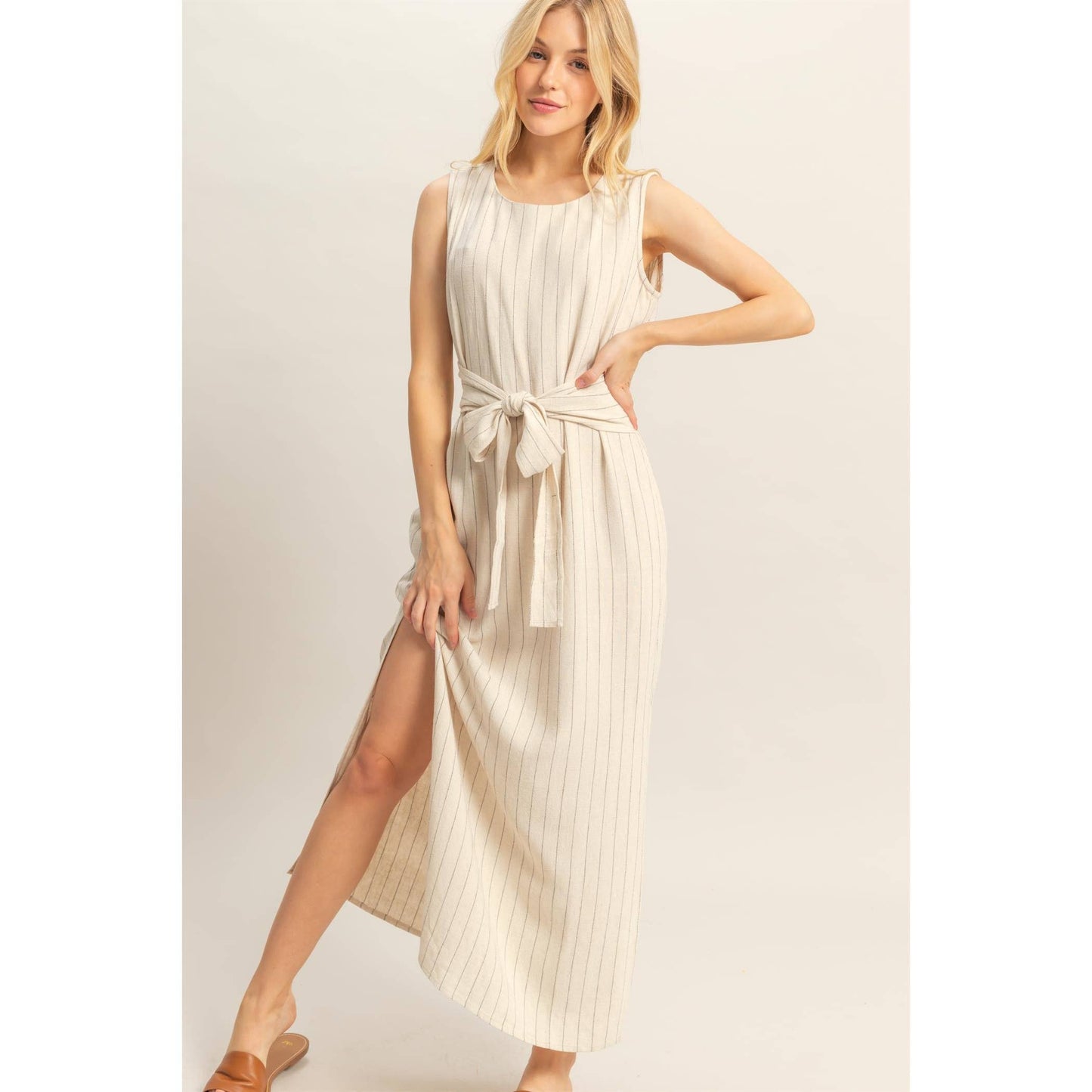 Striped Rayon Linen Side Slit Maxi Dress