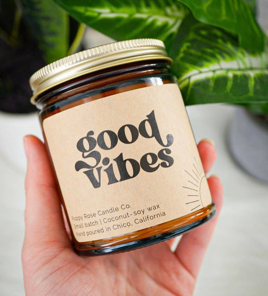 Good Vibes 8 oz coconut wax amber jar candle