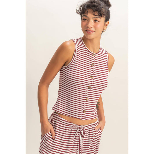 Striped Button-Front Crew Neck Sleeveless Top