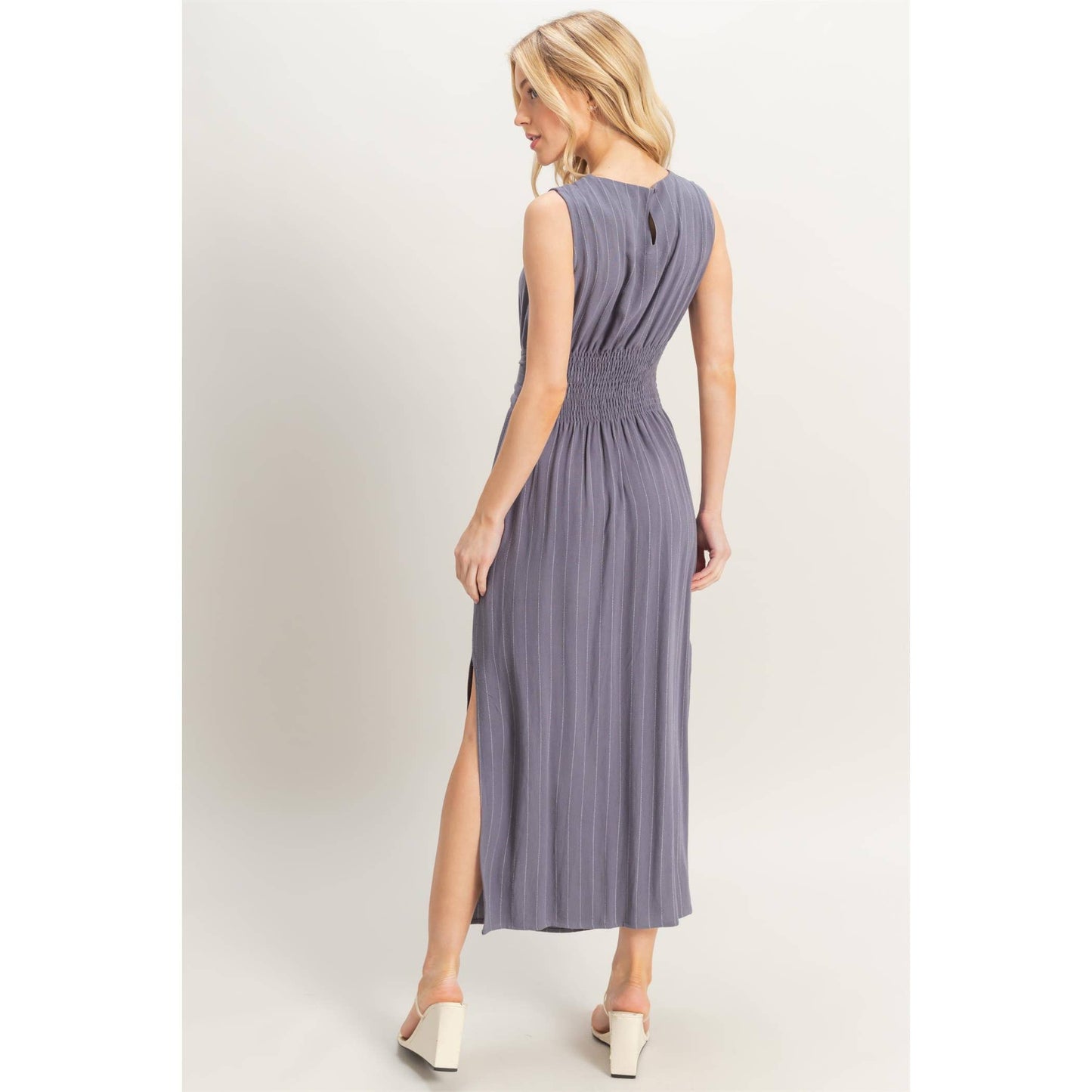 Striped Rayon Linen Side Slit Maxi Dress