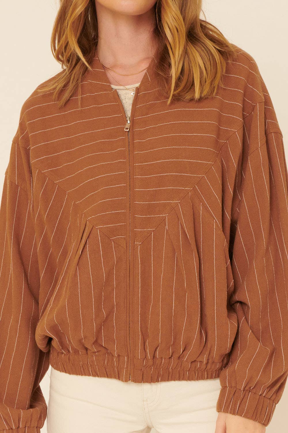 Contrast Pinstripe Zip Up Pocket Bomber Jacket