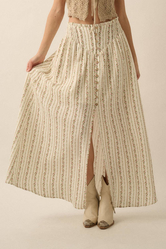 Floral-stripe Yoke-Waist Button-Front Maxi Skirt