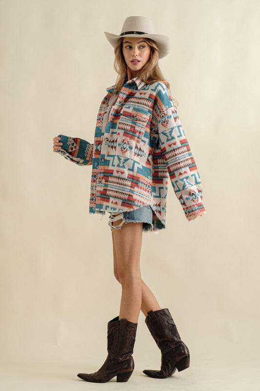 Frayed Aztec Shacket