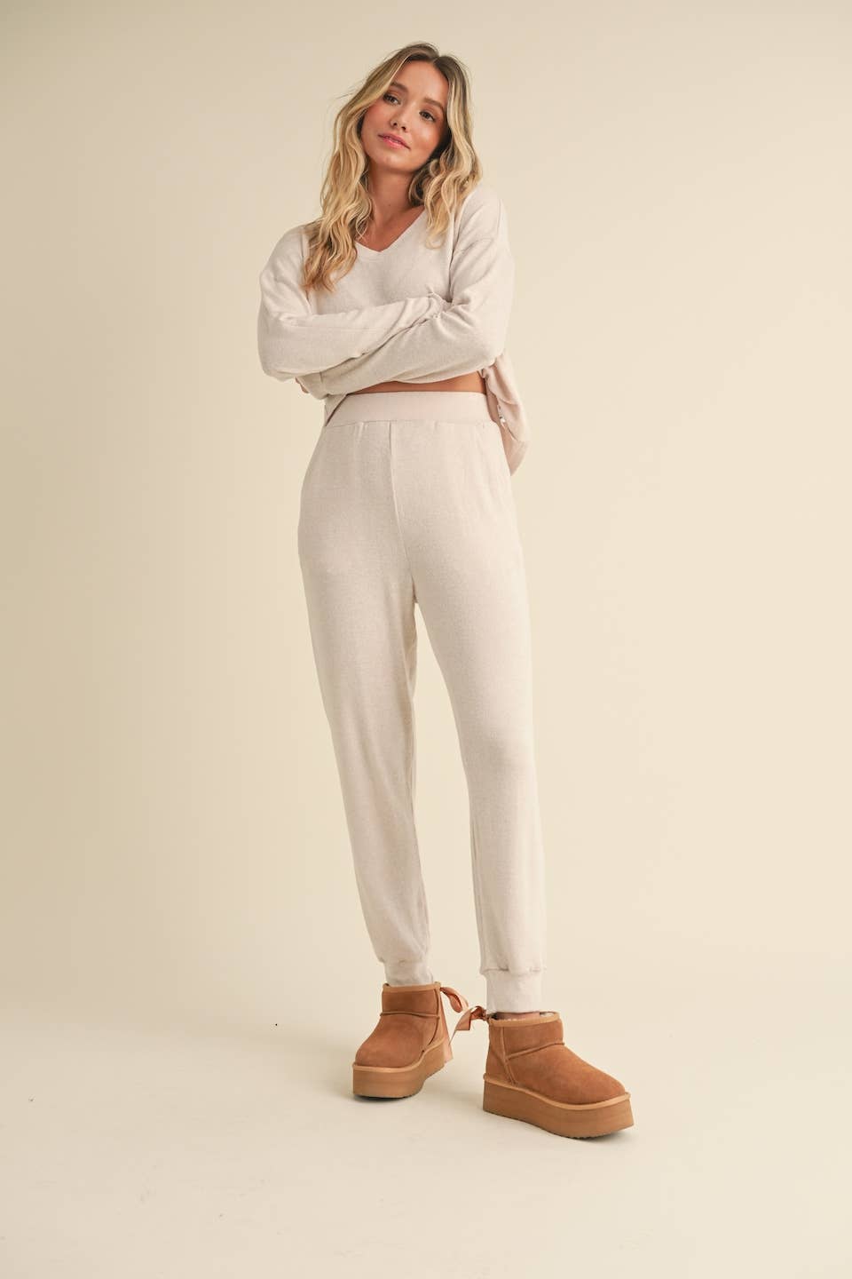 Brushed Hacci Long Sleeve V Neck Top