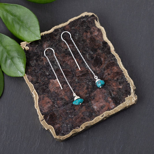 Threader Earring with Rough Cut Turquoise Stone