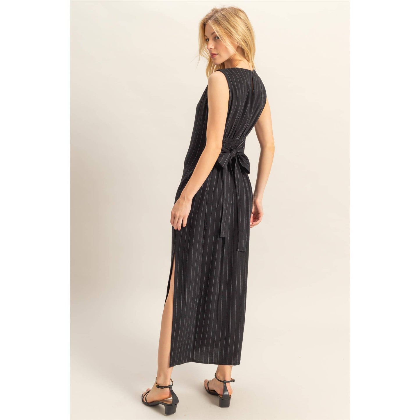 Striped Rayon Linen Side Slit Maxi Dress