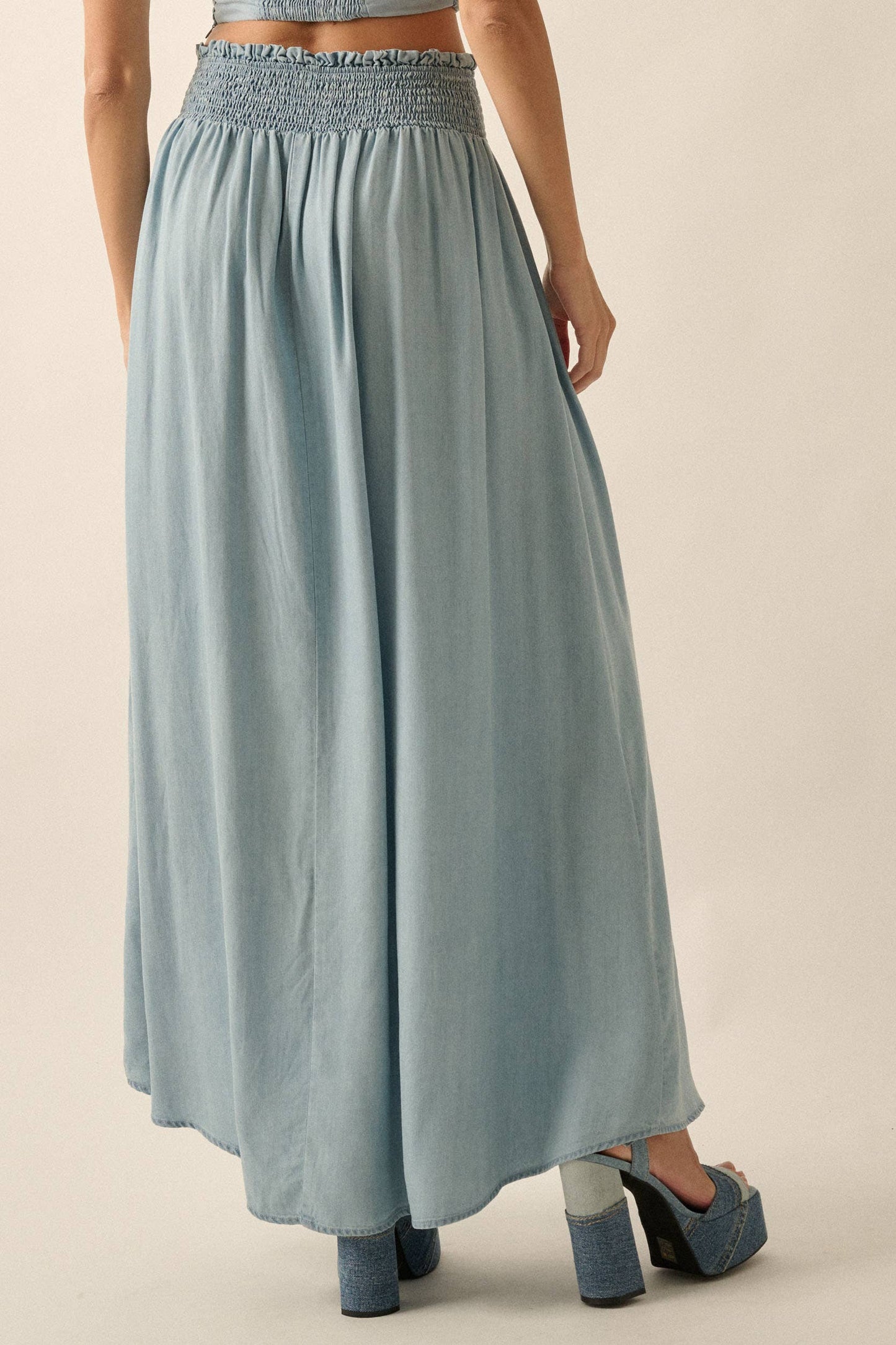 Smocked Denim Button-Front Maxi Skirt