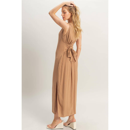 Striped Rayon Linen Side Slit Maxi Dress
