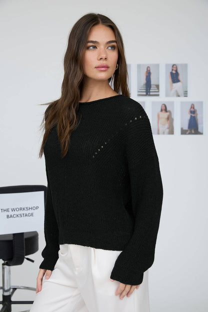 POINTELLE V STITCH ROLLED EDGE KNIT SWEATER (PRE-ORDER)