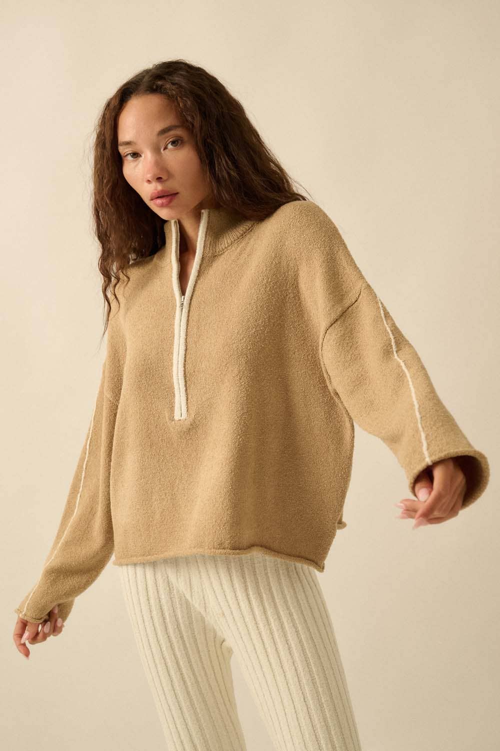 Textured Knit Half-Zip Mock-Neck Sweater