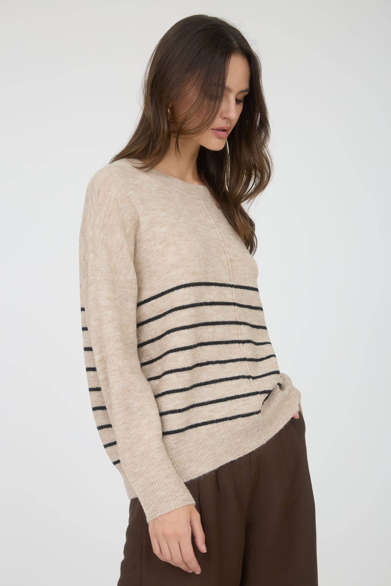 Stripe Front Seam Detail Long Sleeve Sweater