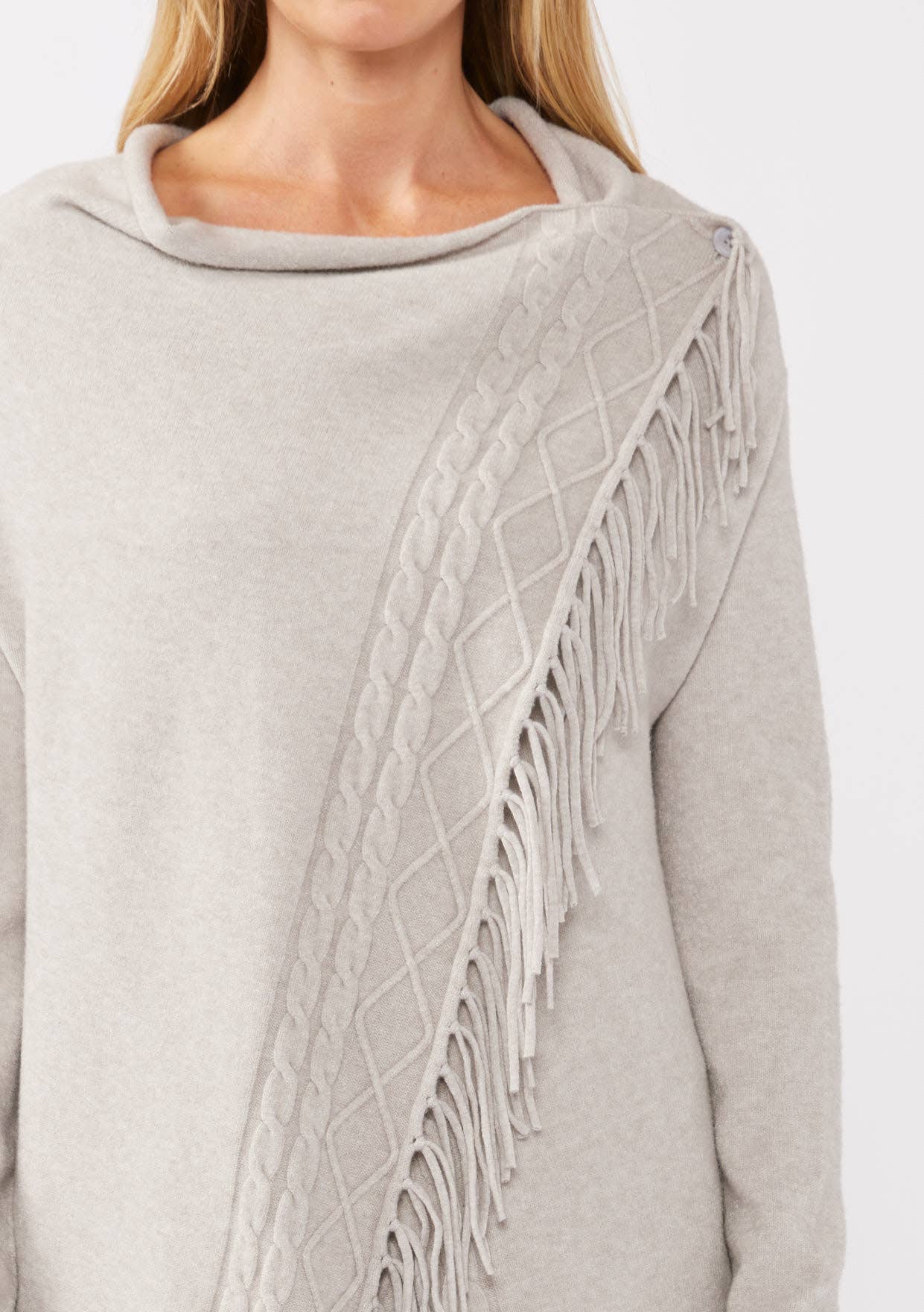 Cowl Neck Fringe Cable Cardigan