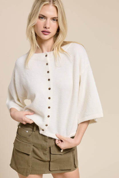 Wide Sleeve Button Front Knit Cardi