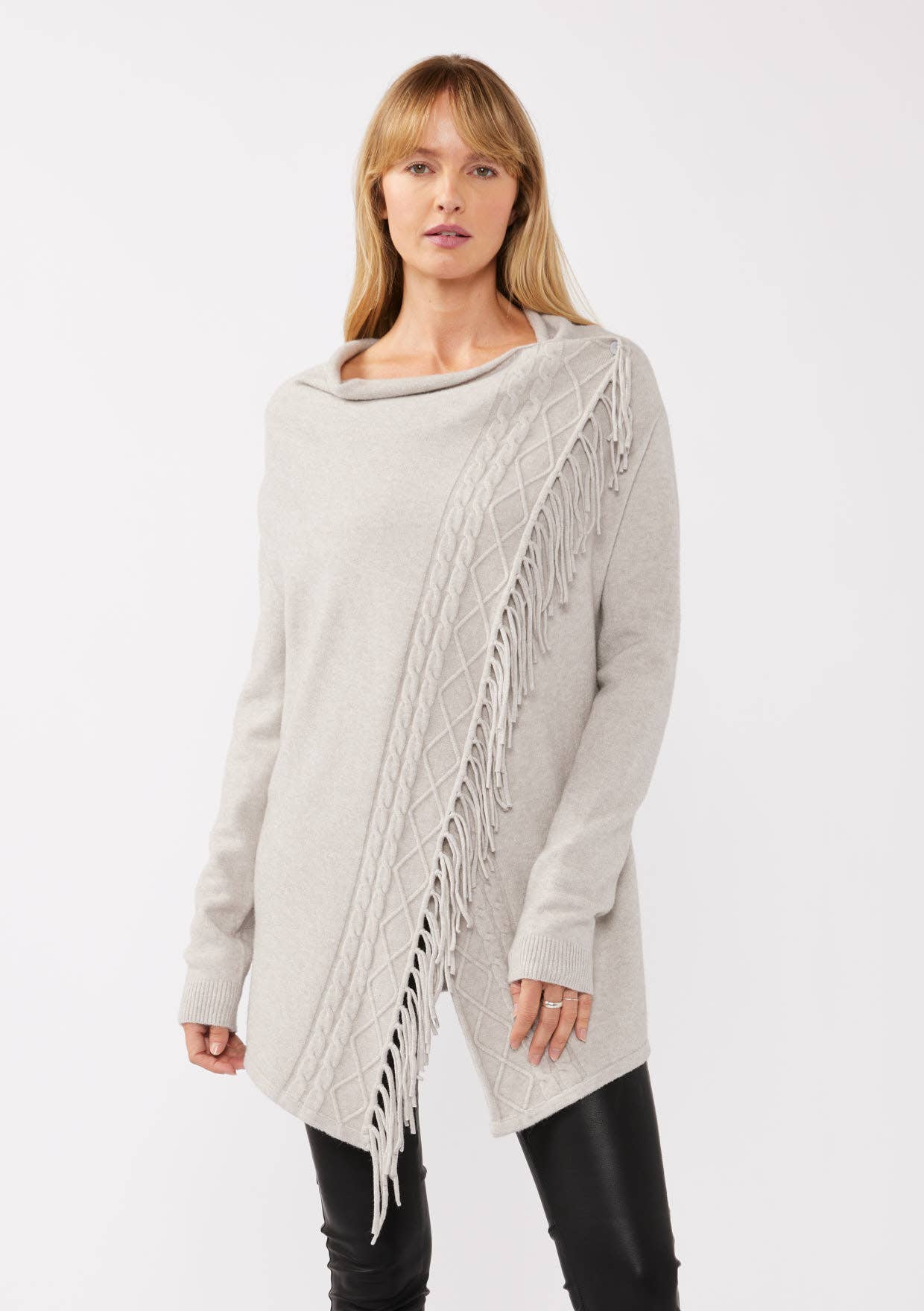 Cowl Neck Fringe Cable Cardigan