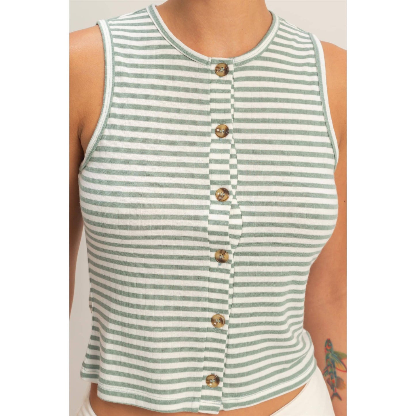 Striped Button-Front Crew Neck Sleeveless Top