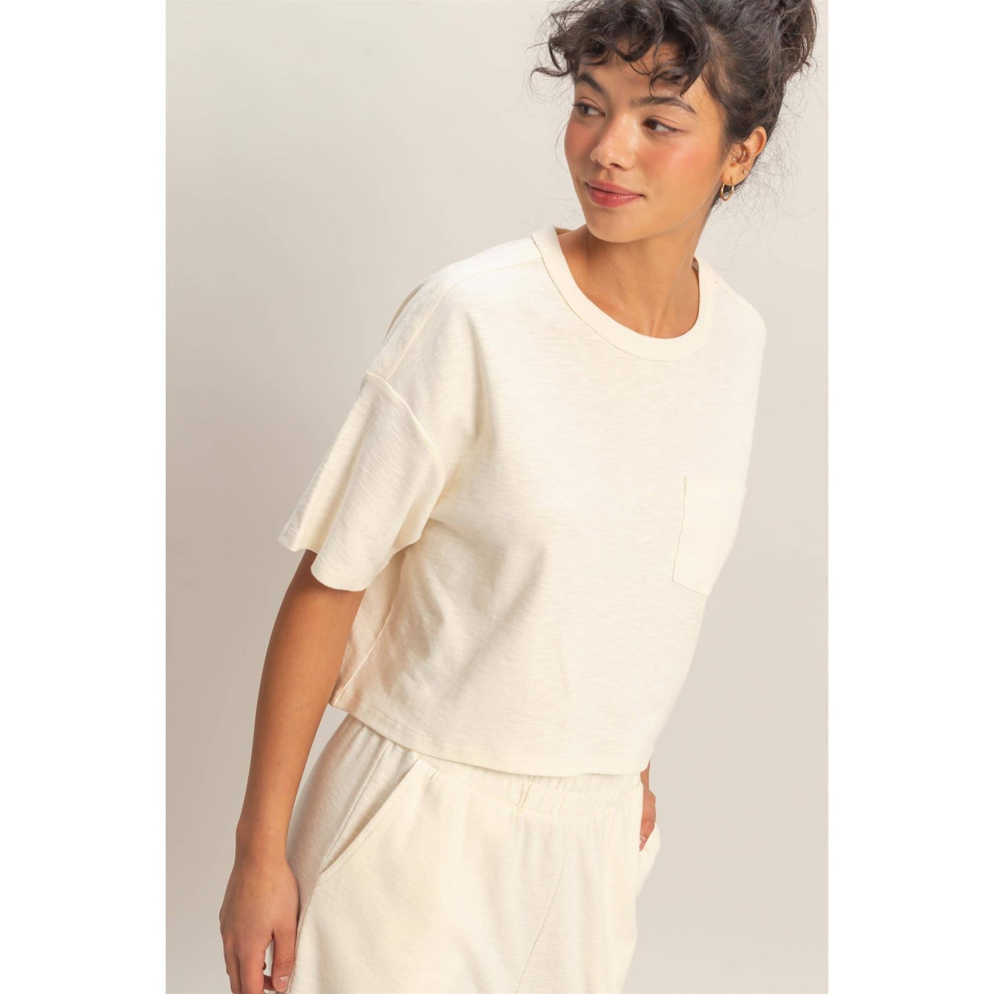 Boxy Crew Neck Top With Pocket