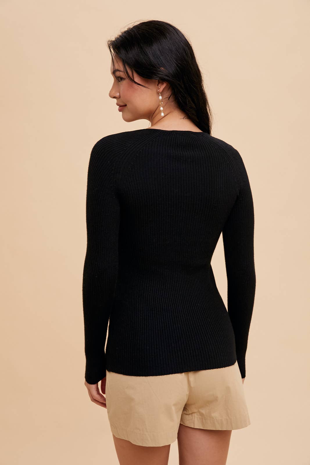 Ribbed Notched V Neck Long Sleeve