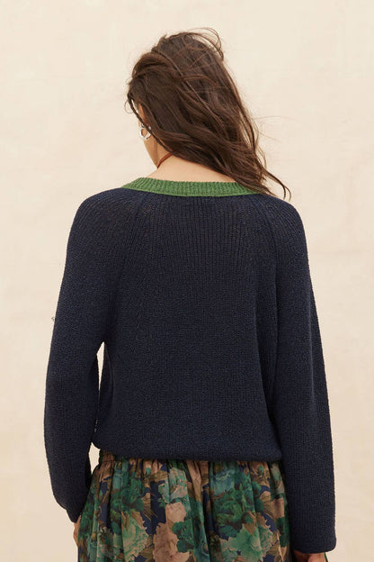 Ribbed Knit Contrast Cardigan Sweater