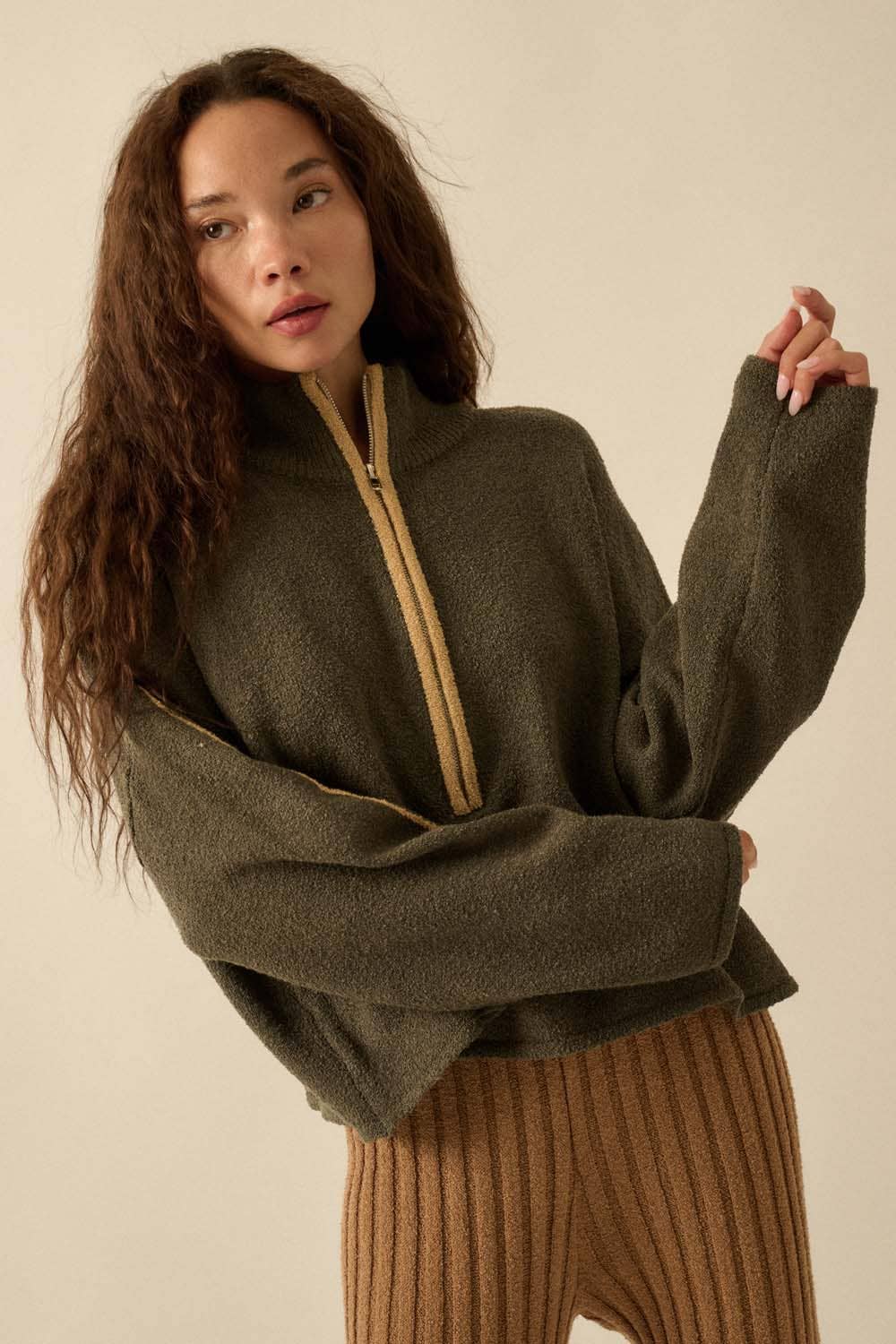 Textured Knit Half-Zip Mock-Neck Sweater