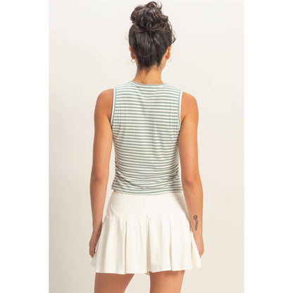 Striped Button-Front Crew Neck Sleeveless Top