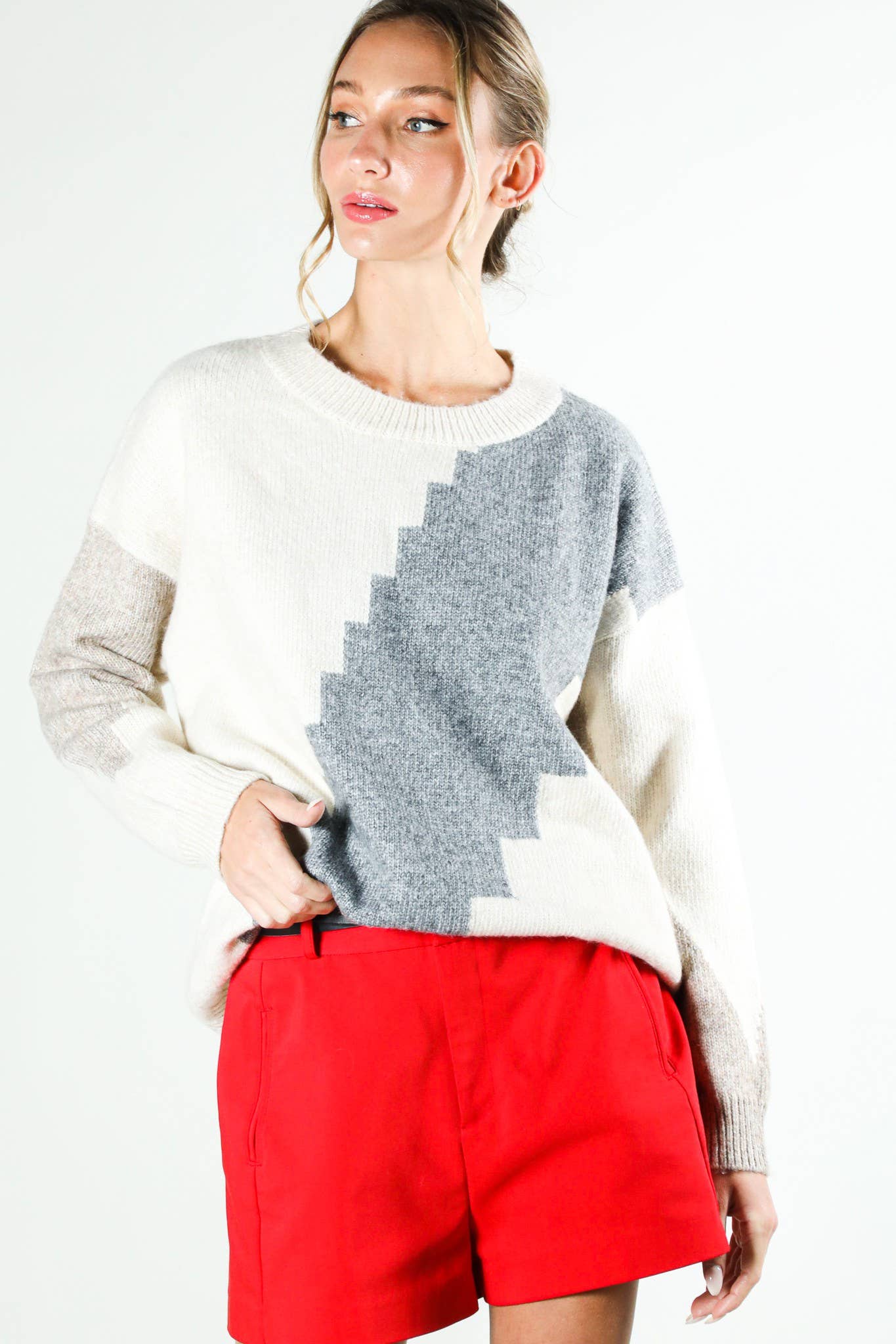 Neutral Color Block Knit Sweater