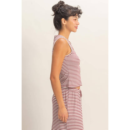 Striped Button-Front Crew Neck Sleeveless Top