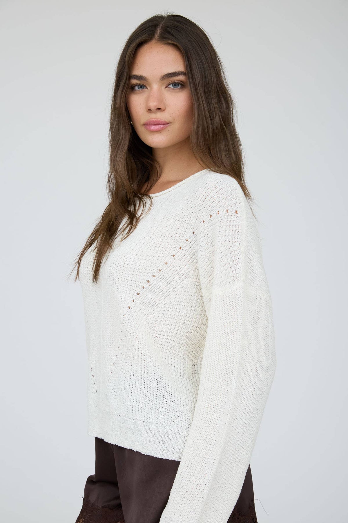 POINTELLE V STITCH ROLLED EDGE KNIT SWEATER (PRE-ORDER)
