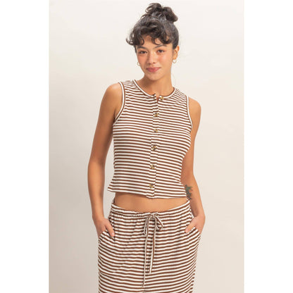 Striped Button-Front Crew Neck Sleeveless Top
