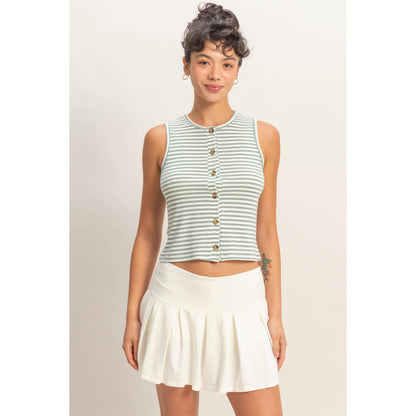 Striped Button-Front Crew Neck Sleeveless Top