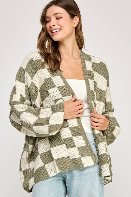 Checkered Drop Shoulder Cardi