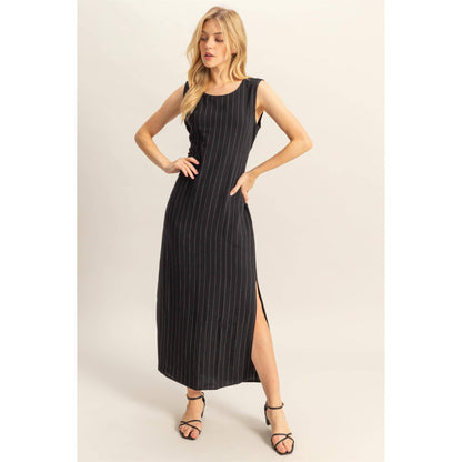 Striped Rayon Linen Side Slit Maxi Dress