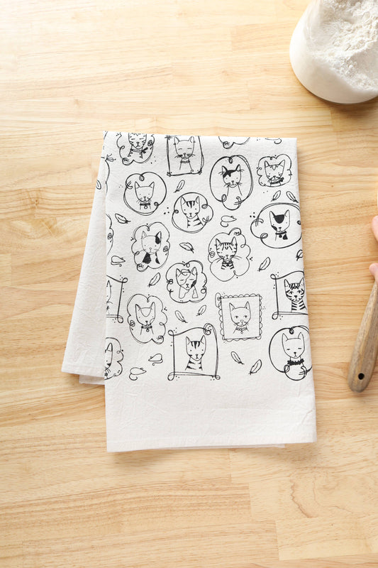 Cat Kitchen Towel, Handprinted Tea Towel, Cats