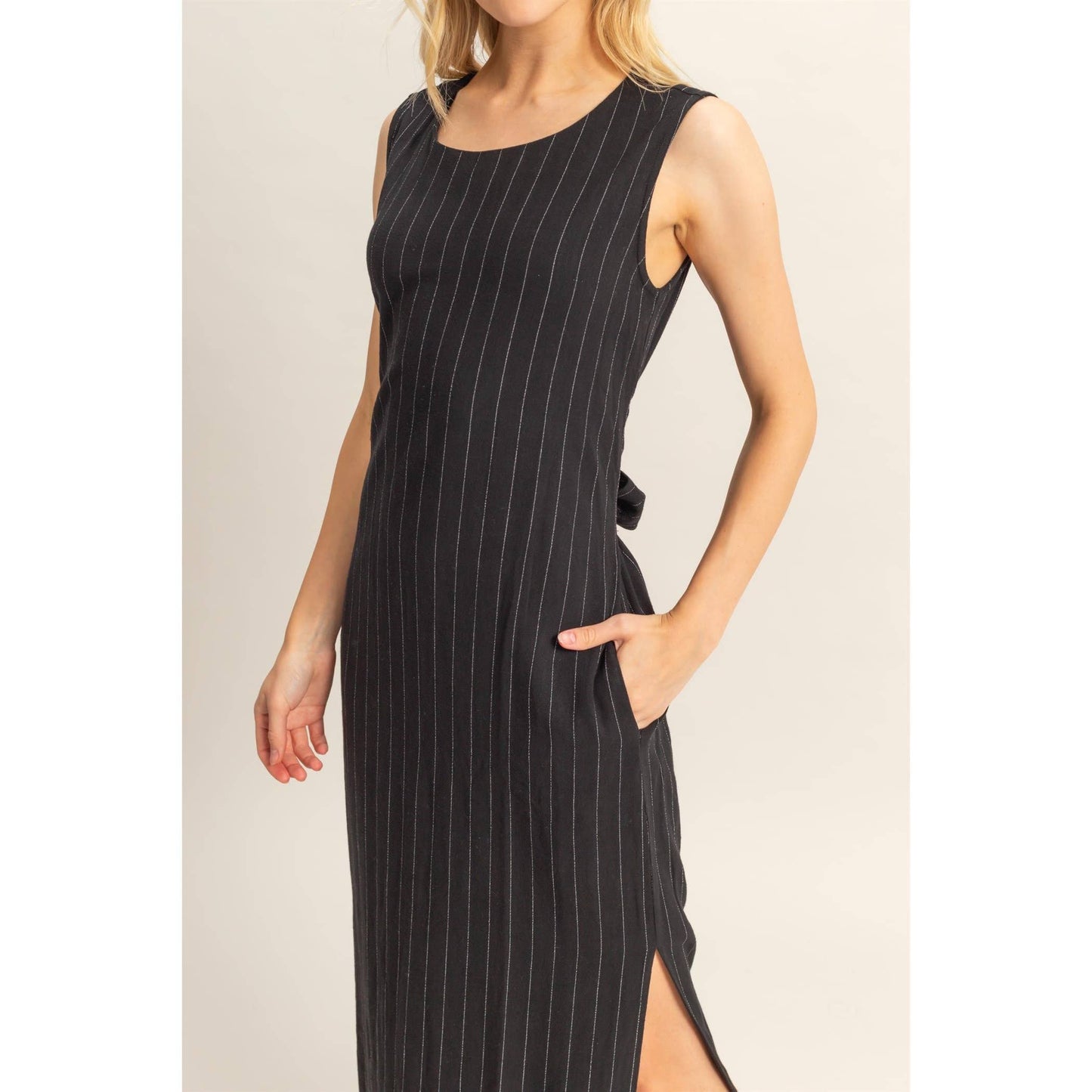 Striped Rayon Linen Side Slit Maxi Dress