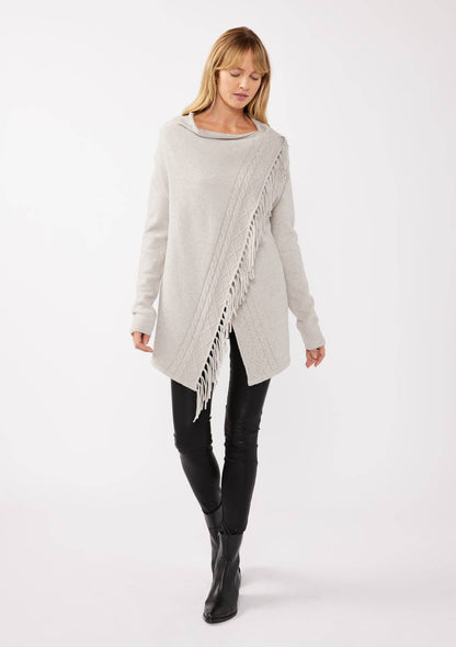 Cowl Neck Fringe Cable Cardigan