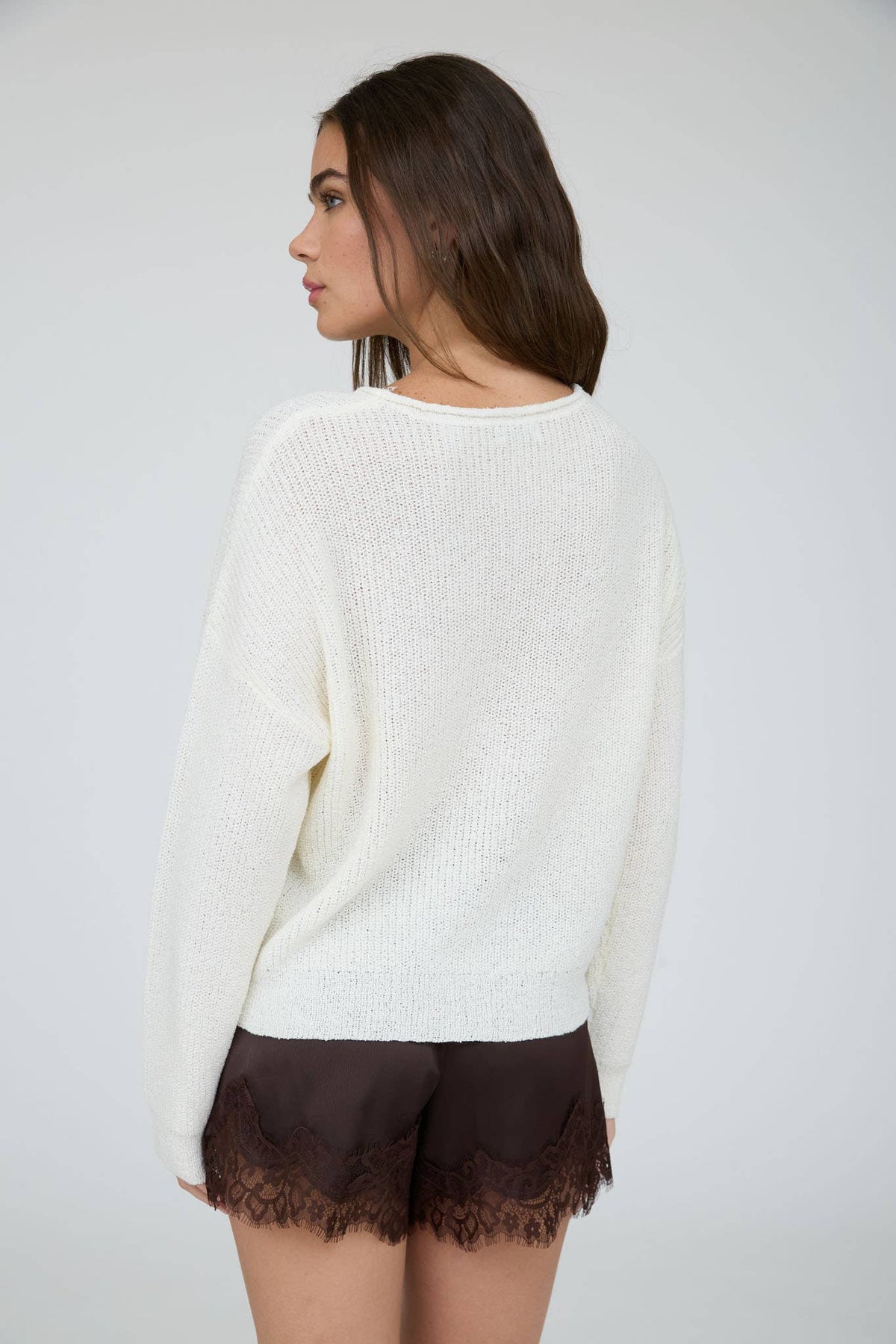 POINTELLE V STITCH ROLLED EDGE KNIT SWEATER (PRE-ORDER)