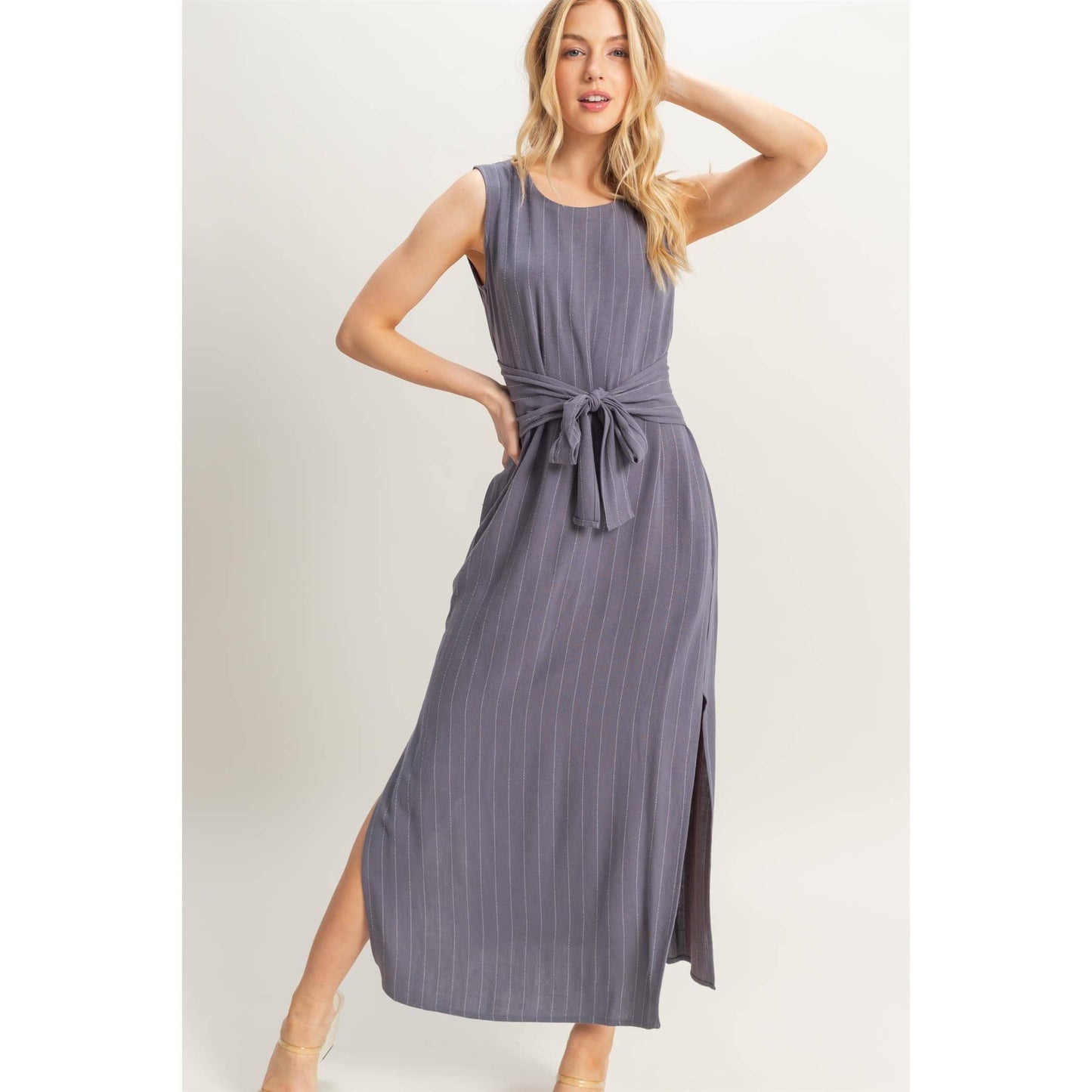 Striped Rayon Linen Side Slit Maxi Dress