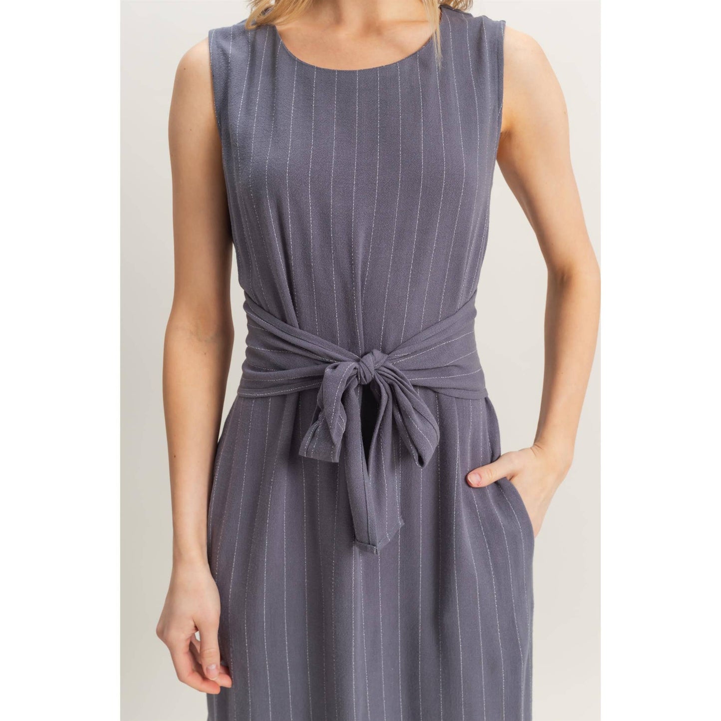 Striped Rayon Linen Side Slit Maxi Dress