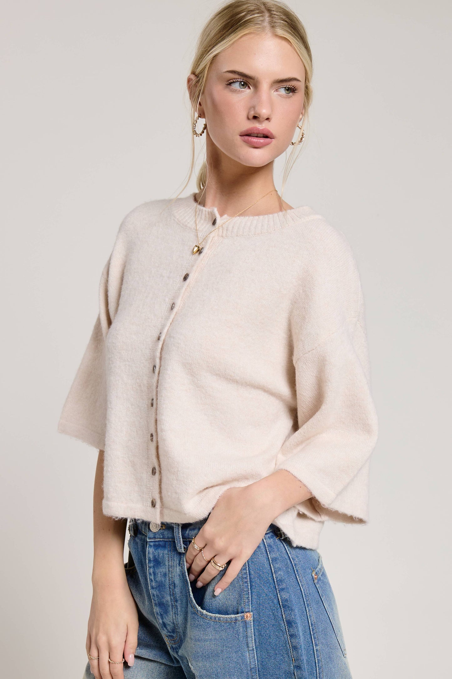 Wide Sleeve Button Front Knit Cardi