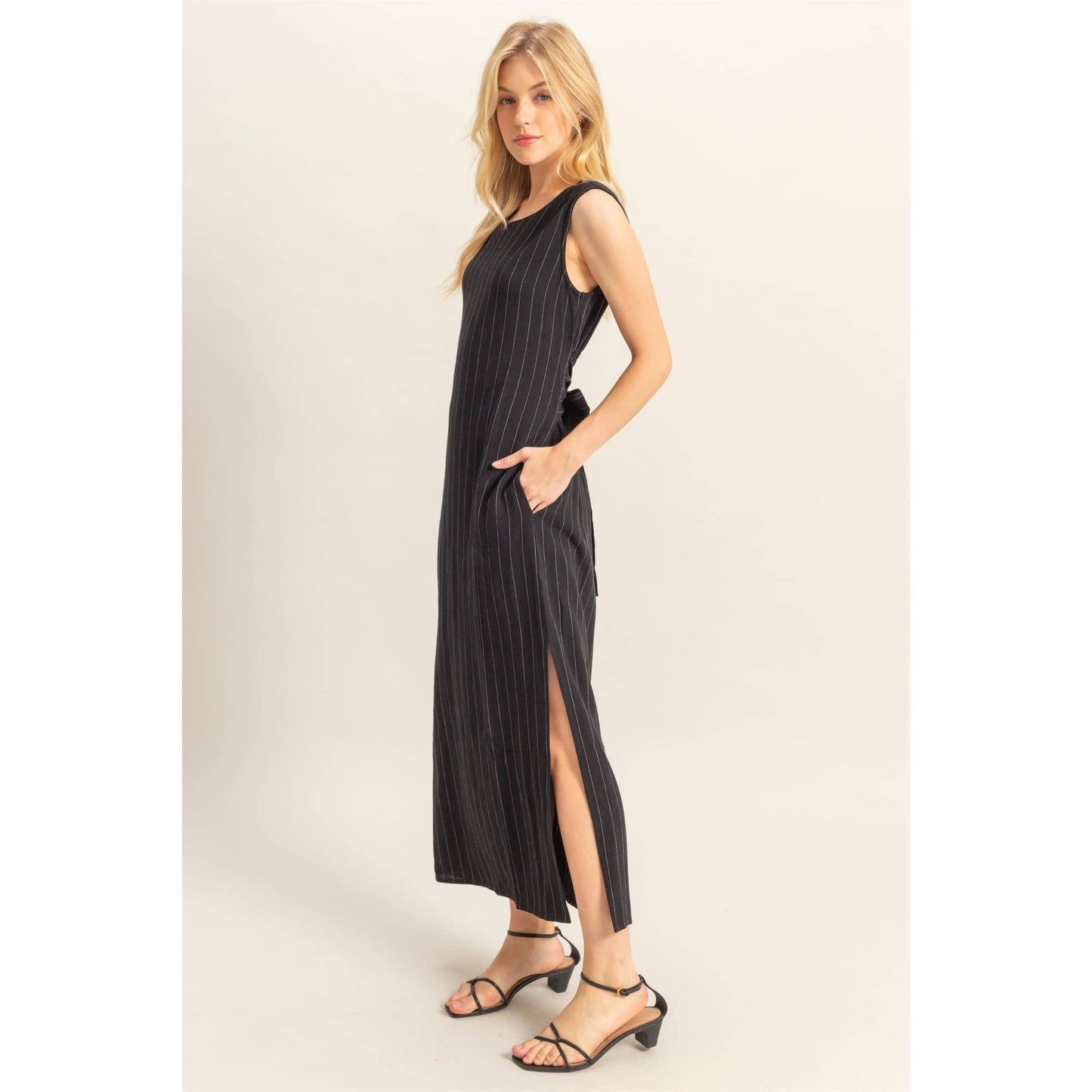 Striped Rayon Linen Side Slit Maxi Dress