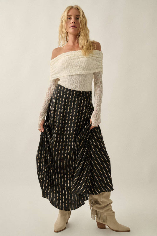 Moon-Print Satin A-Line Maxi Skirt