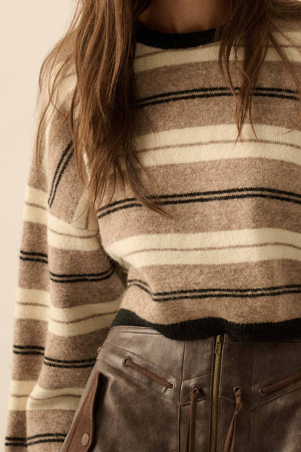 Striped Knit Dolman-Sleeve Loose-Fit Sweater